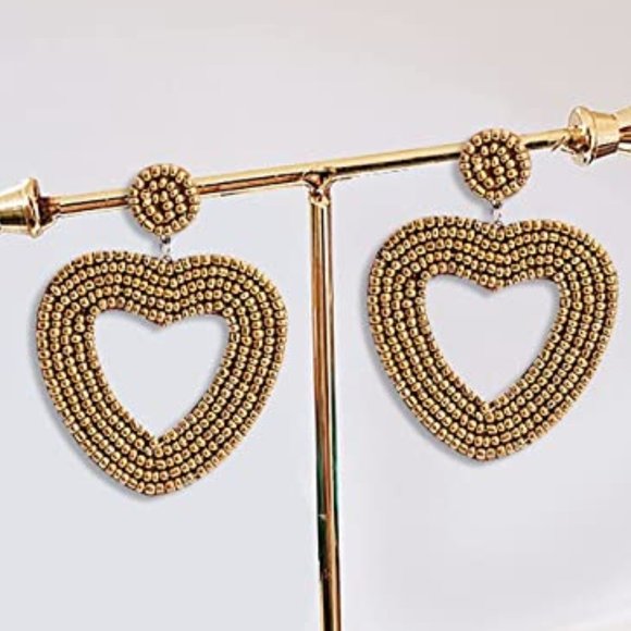 2.5" Dark Gold Handmade Large Heart Beaded Earrings Beads Handmade Hearts - Picture 2 of 4